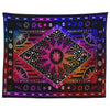 A dark tapestry wall hanging featuring a vibrant bohemian mandala design with stars, moons, and geometric patterns.