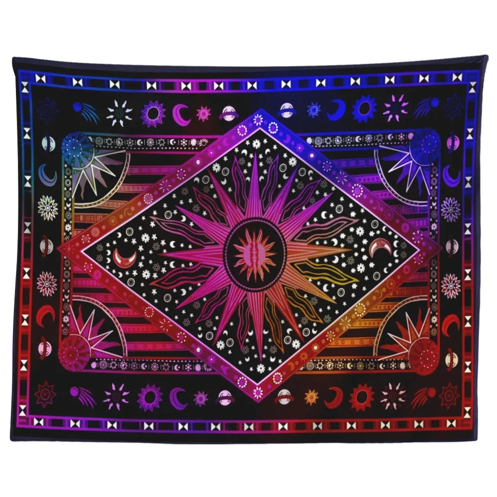 A dark tapestry wall hanging featuring a vibrant bohemian mandala design with stars, moons, and geometric patterns.