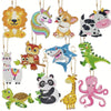 A collection of DIY diamond painting keychains featuring various animal figures like a lion, unicorn, tiger, and shark.