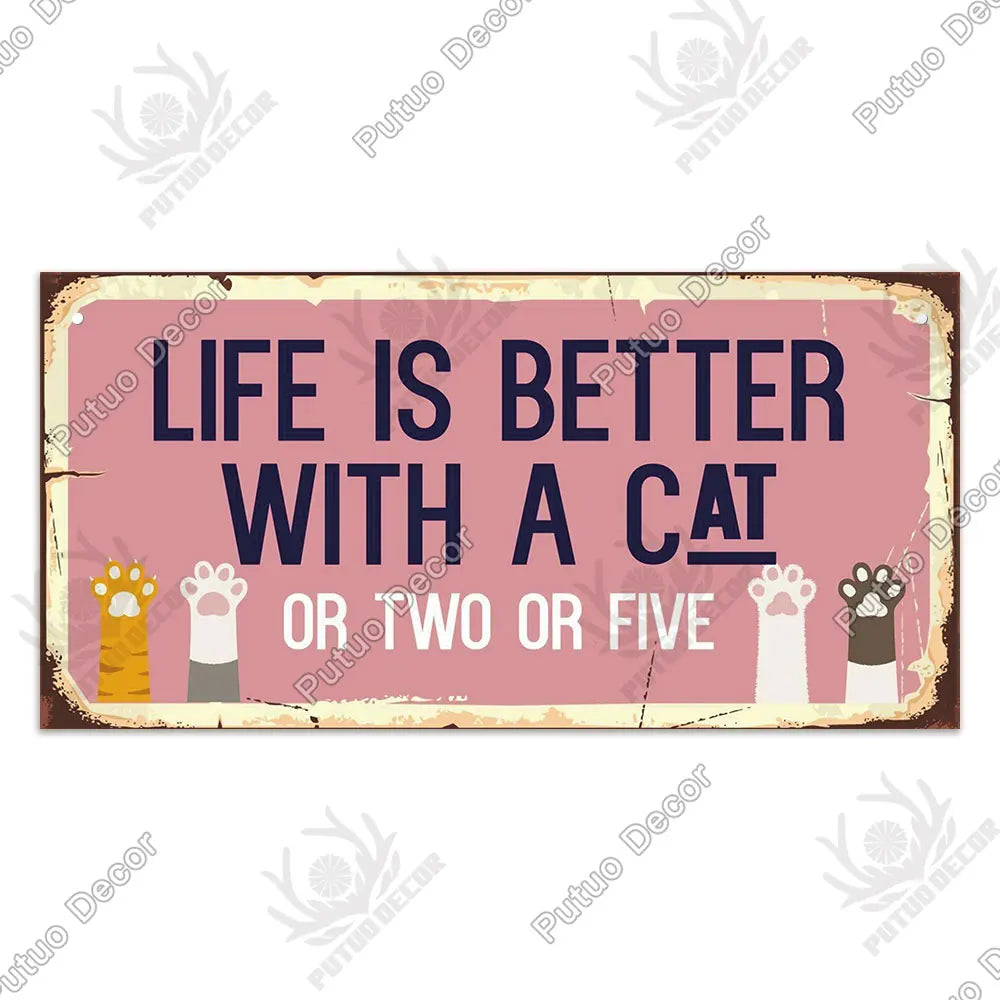 Rustic wooden wall plaque with text that reads Life is better with a cat or two or five