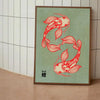 Vintage Japandi Tiger Cat canvas wall art featuring an orange koi fish design on a muted green background