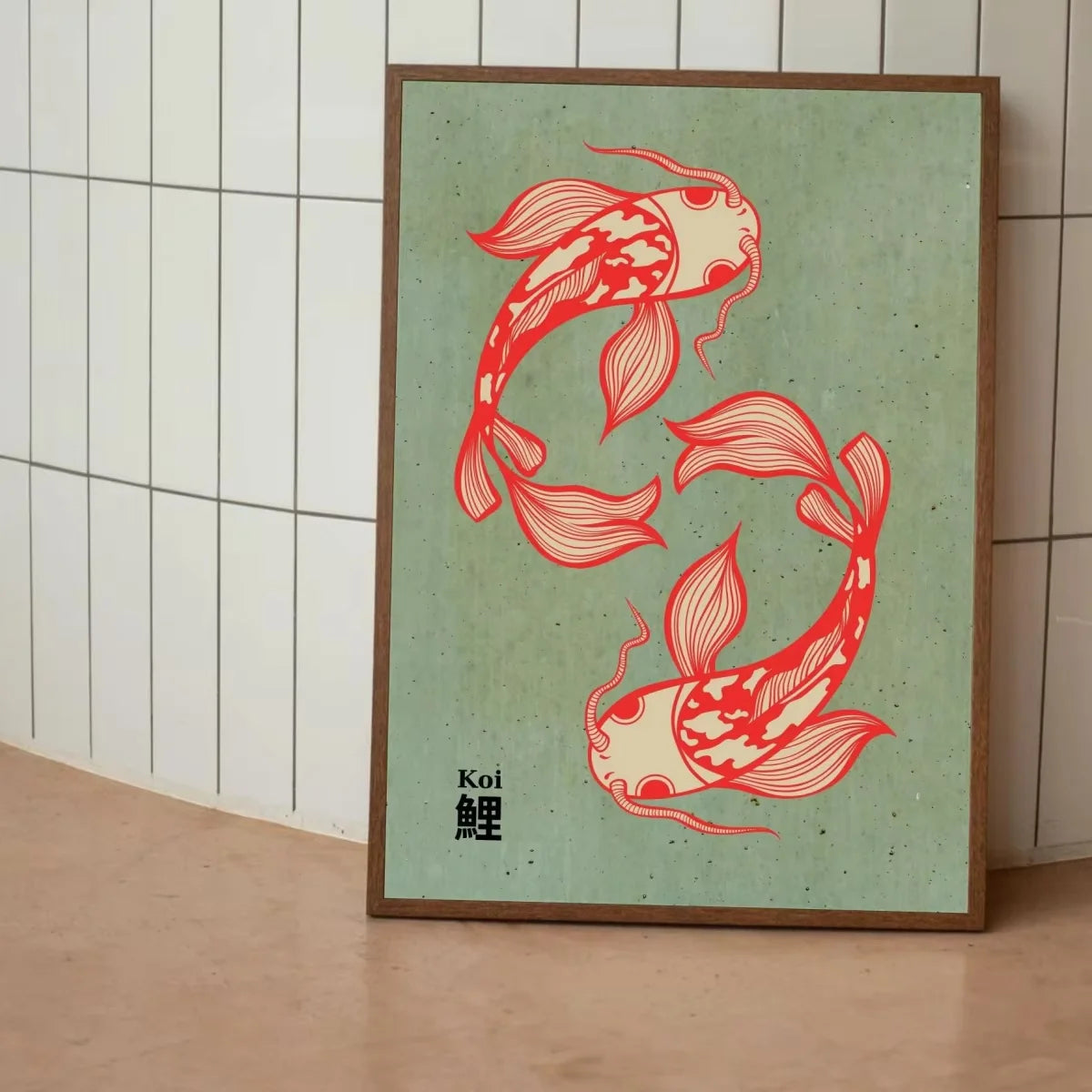 Vintage Japandi Tiger Cat canvas wall art featuring an orange koi fish design on a muted green background