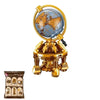 A brass globe model of North America with a golden stand and a box of miniature furniture and appliance models