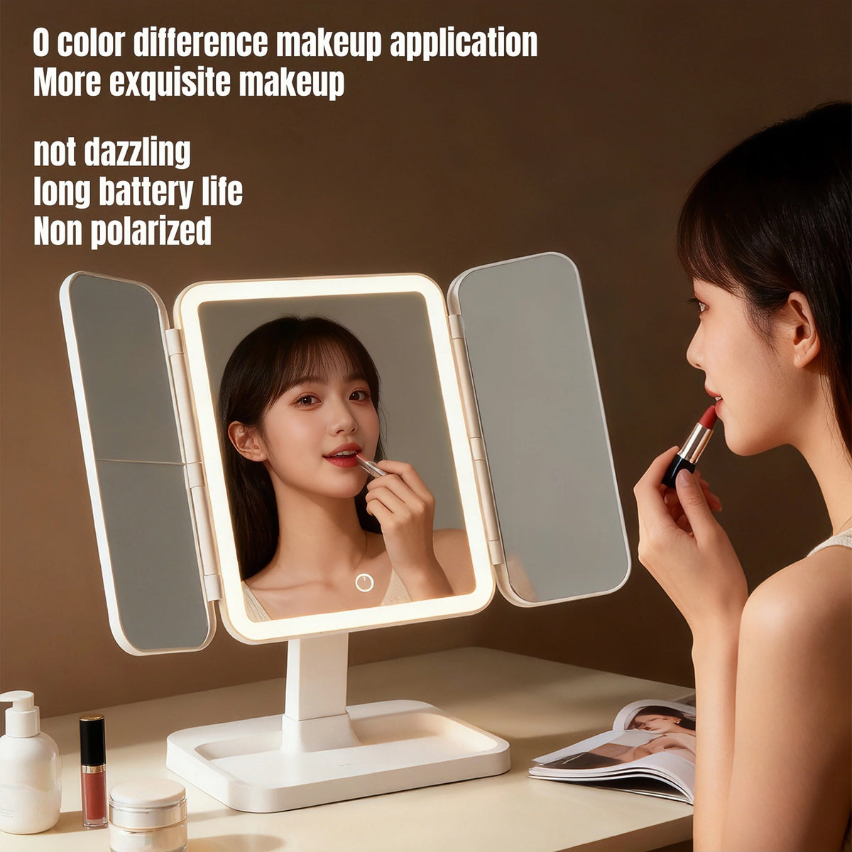 A triple fold LED makeup mirror is shown illuminating a woman's face for makeup application.