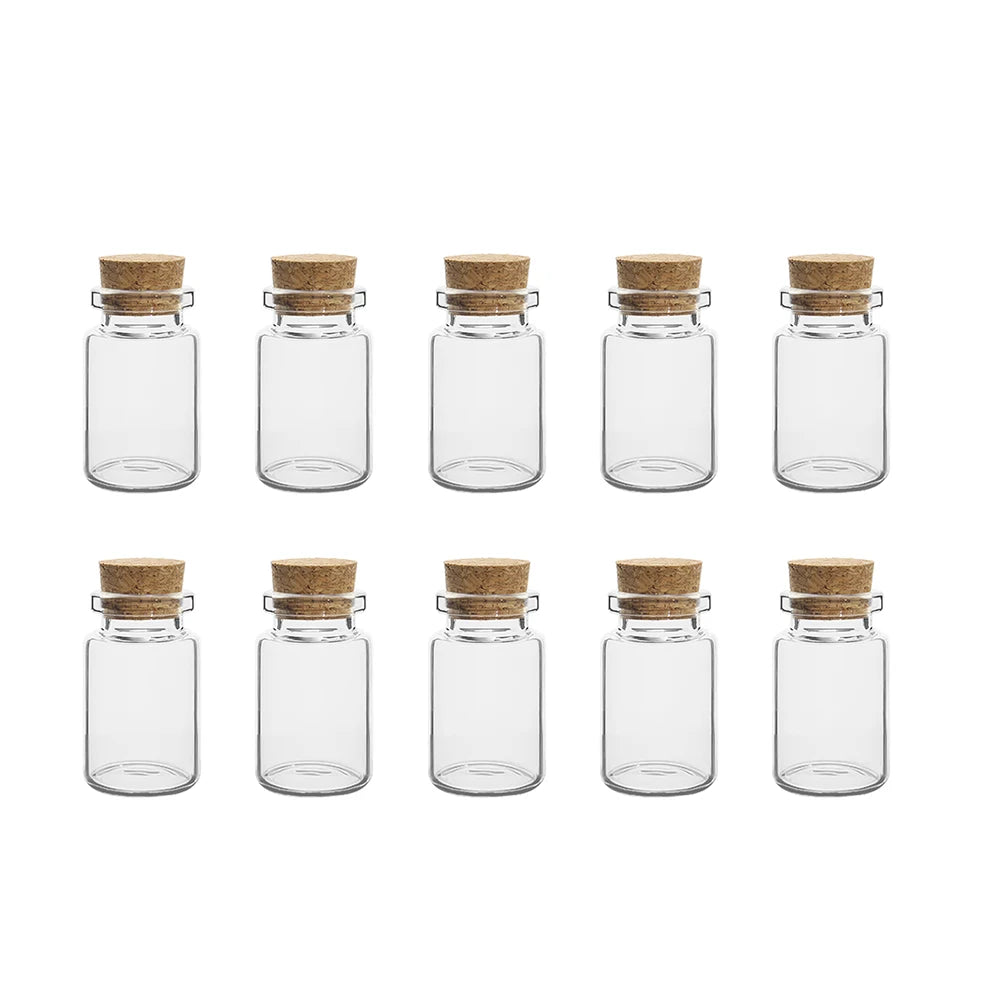 A row of twelve clear glass vials with natural cork stoppers arranged in a single line.