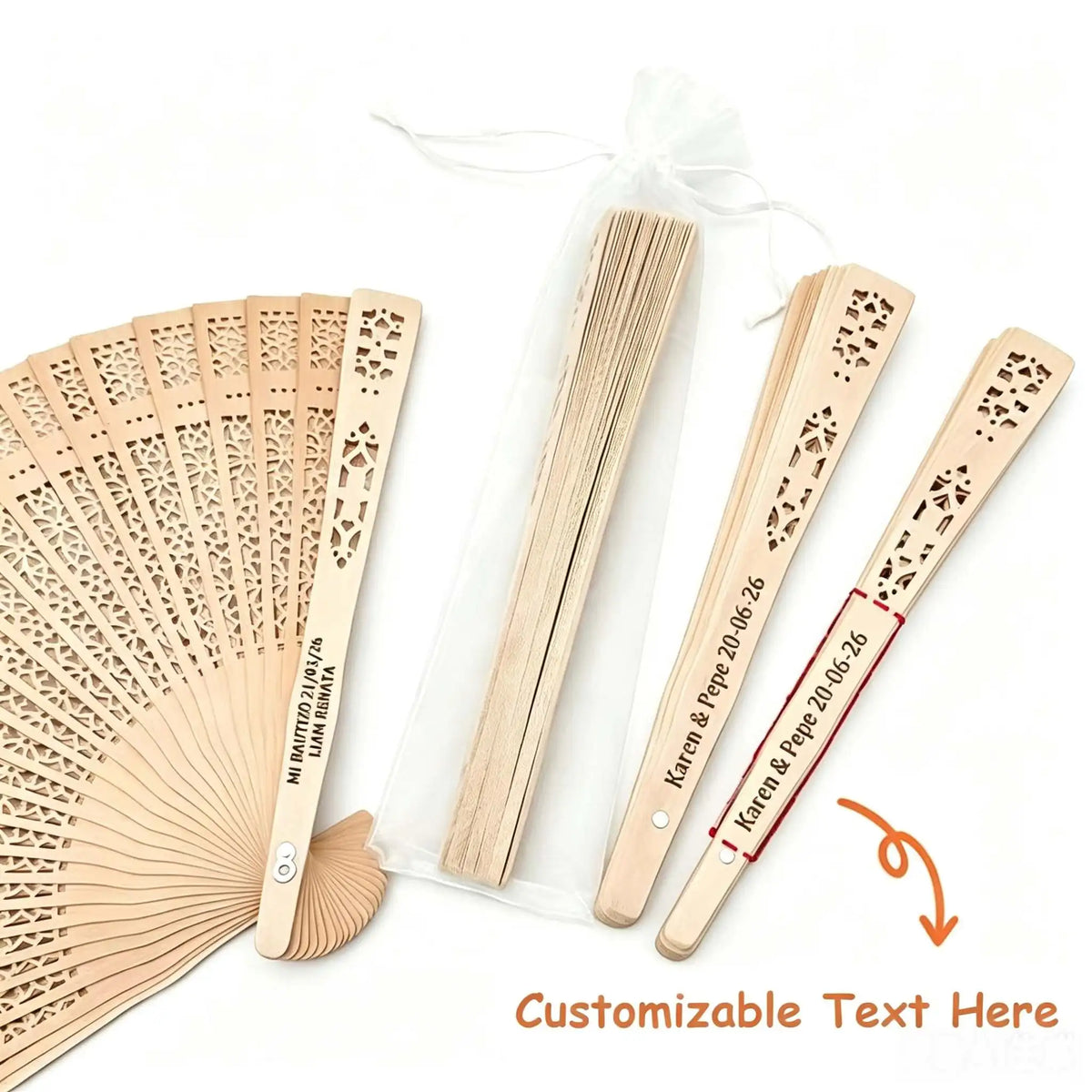 A set of customizable sandalwood folding fans packaged in organza pouches with decorative cutouts.
