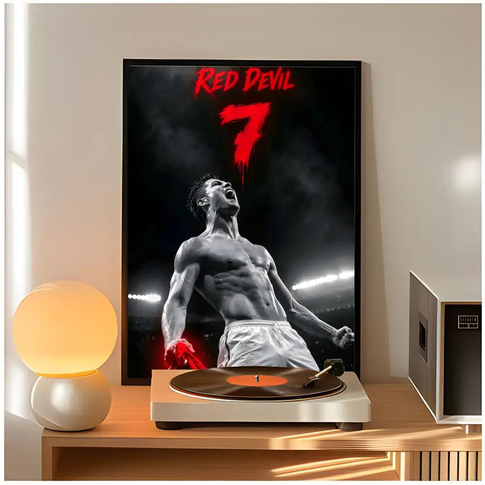 A poster featuring a dramatic image of Cristiano Ronaldo with the text Red Devil 7 on a dark background.