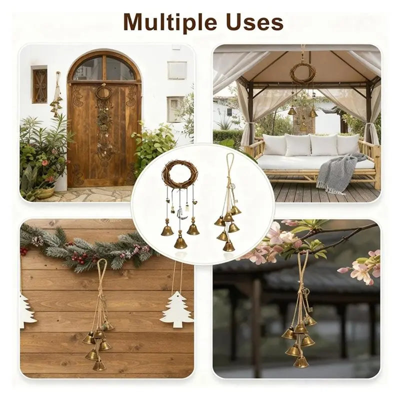 Handmade brass witch bells hanging on a wooden door and draped in a tent setting