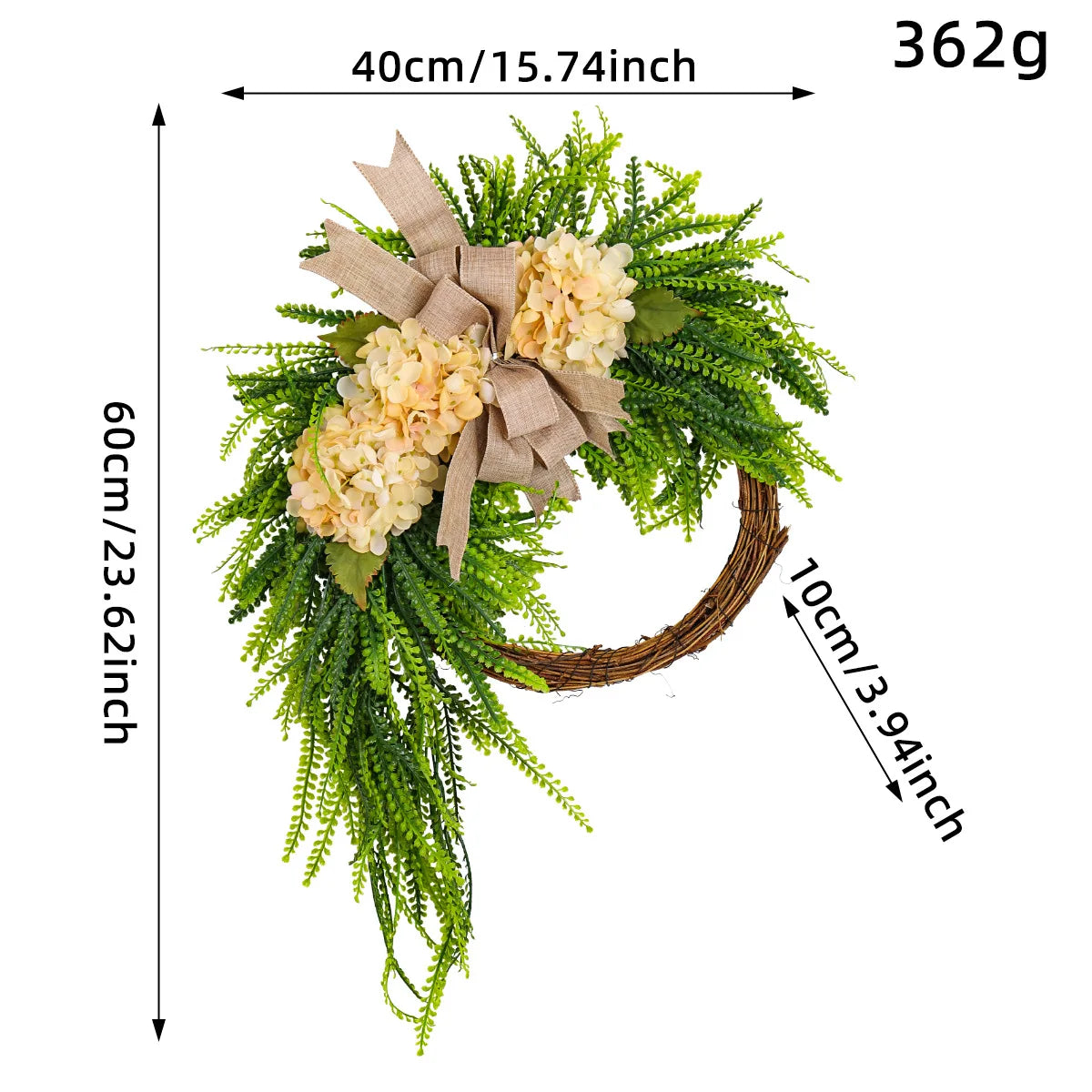 A rustic green wreath featuring light yellow hydrangeas and a natural brown bow, used for door or wall decor.