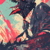 A stylized illustration of Chainsaw Man in a dark outfit with red accents, set against a vibrant pink and teal background.