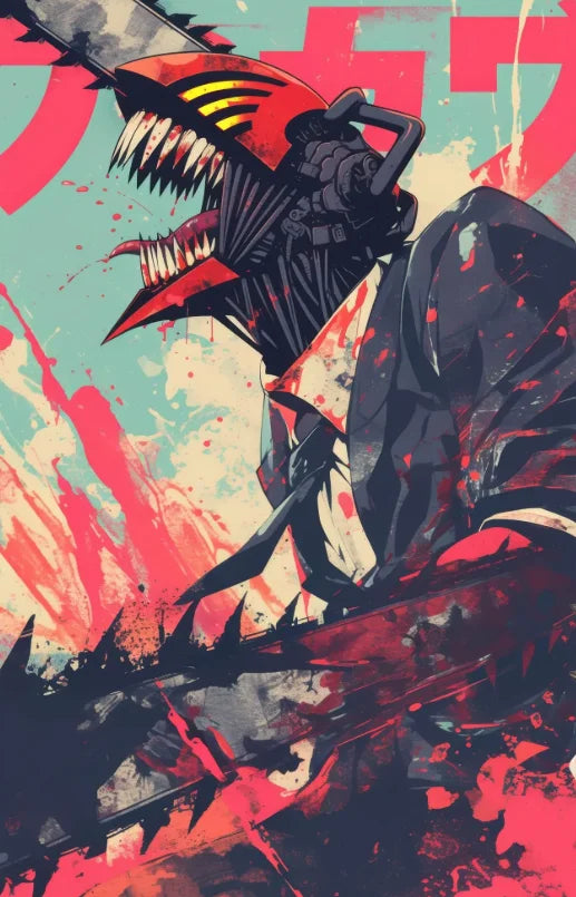 A stylized illustration of Chainsaw Man in a dark outfit with red accents, set against a vibrant pink and teal background.