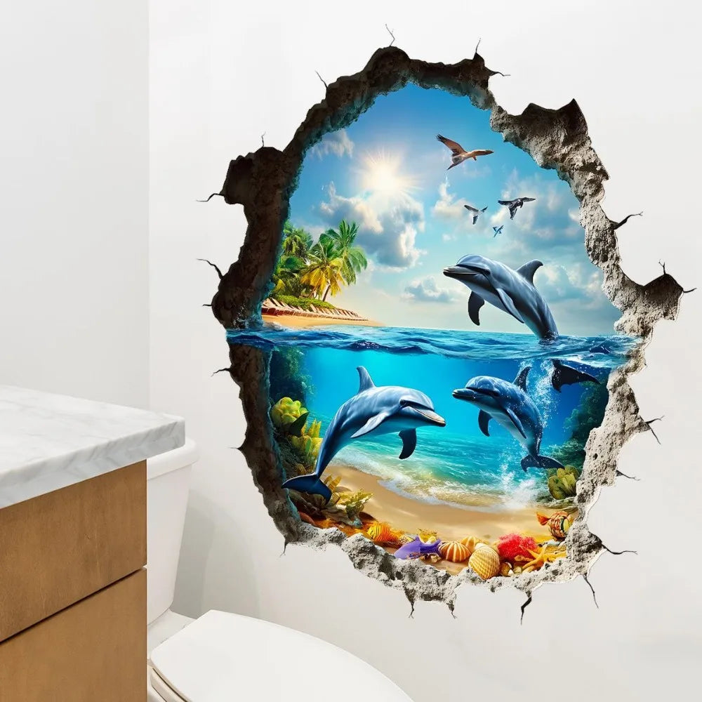 A mural of dolphins and a bird is visible through a jagged, broken wall effect sticker on a white surface.