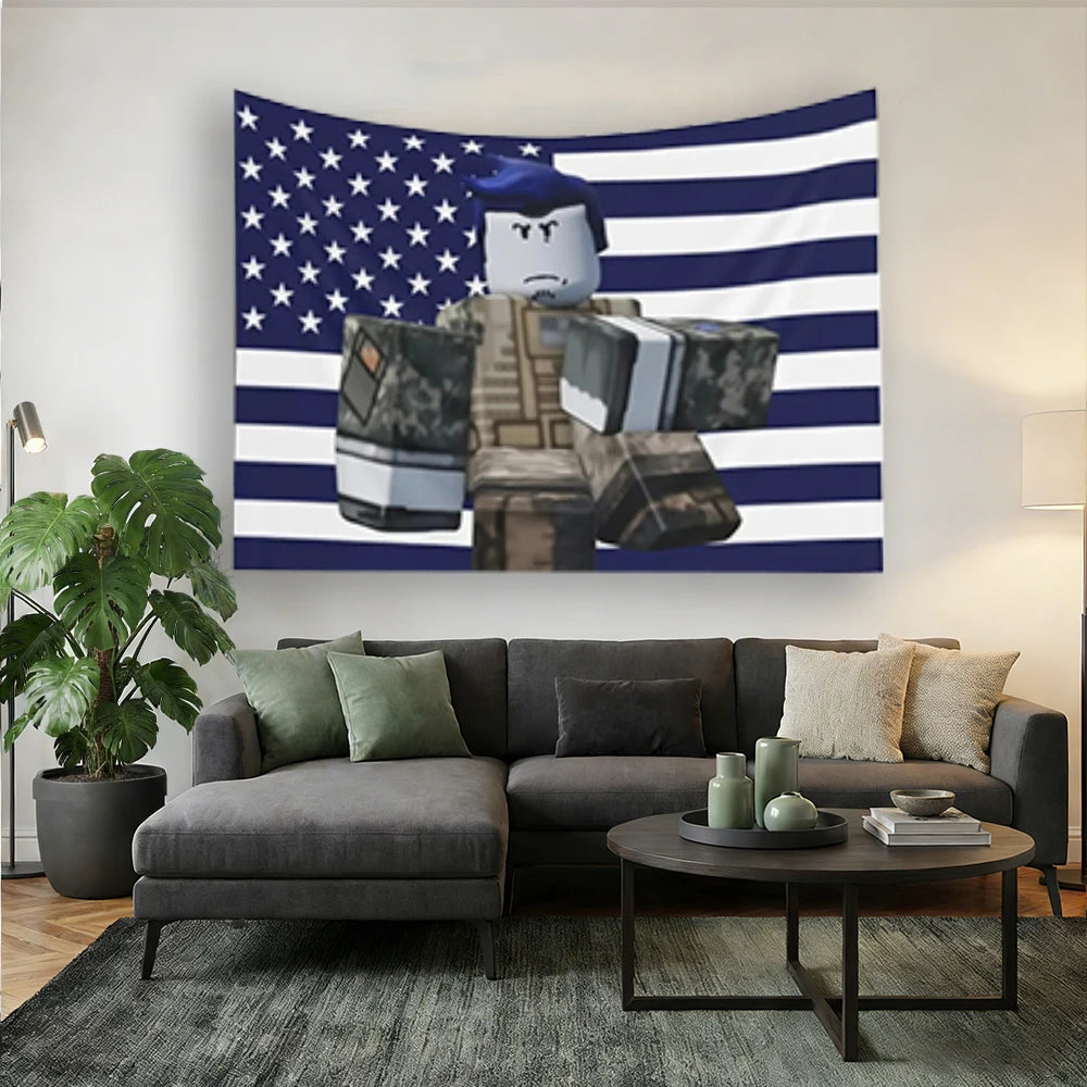 A wall tapestry featuring a stylized patriotic American flag design with a blue and white striped background and a character 