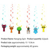 A set of six hanging spinning toys in various colors and shapes for a birthday party.