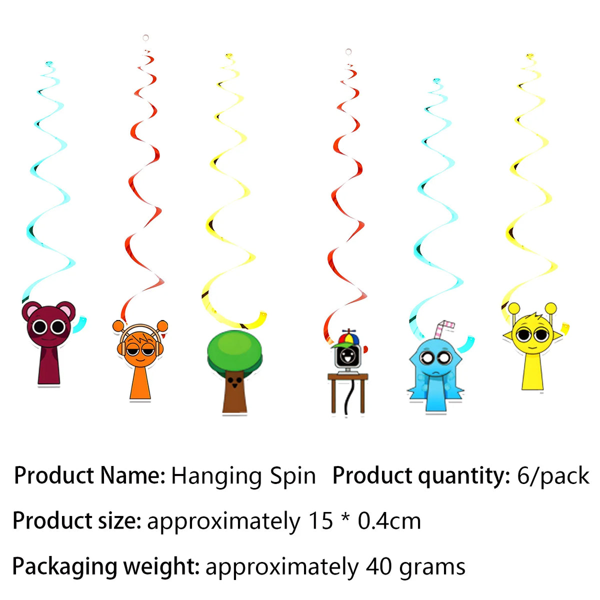 A set of six hanging spinning toys in various colors and shapes for a birthday party.