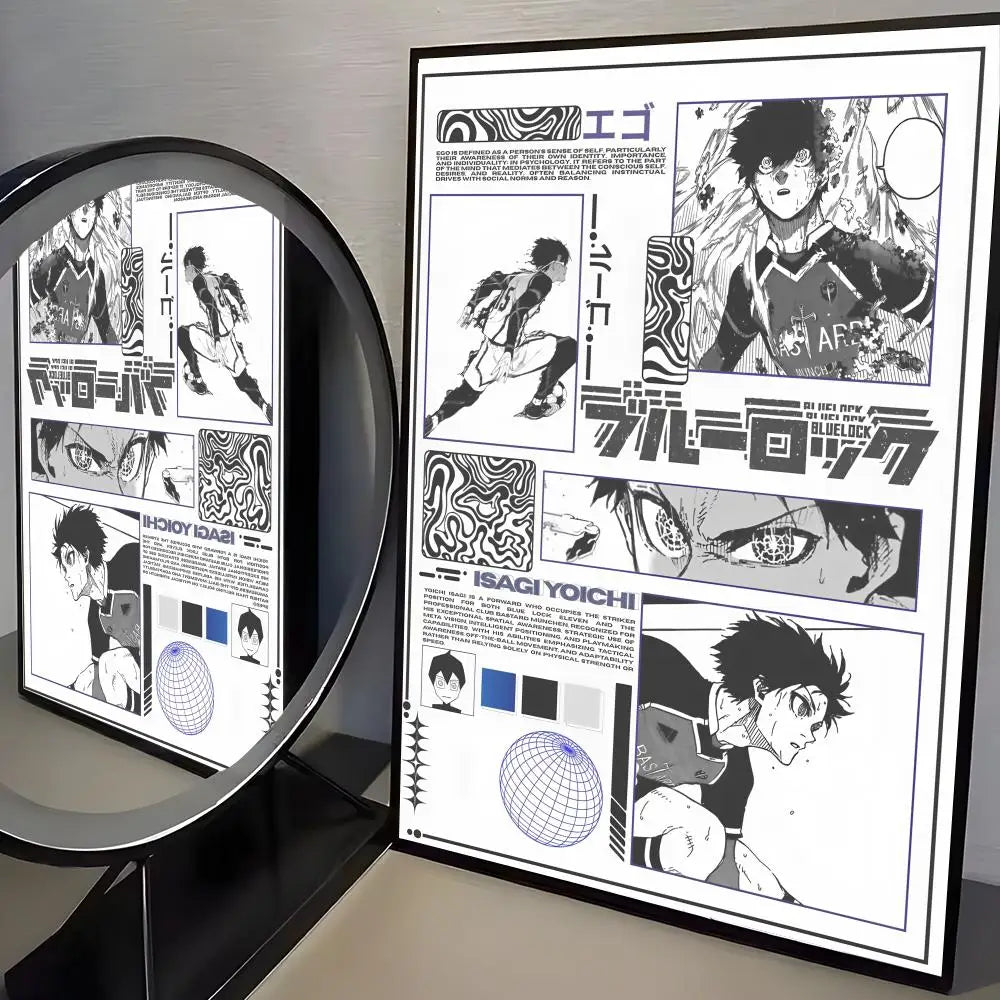 A framed canvas print featuring artwork from the Blue Lock anime series with character illustrations and text.