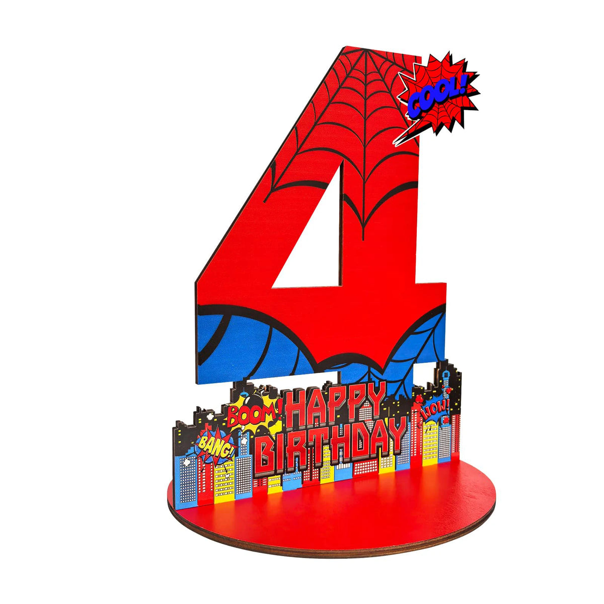 A red wooden number four sign with a spider design and birthday text on a circular base.