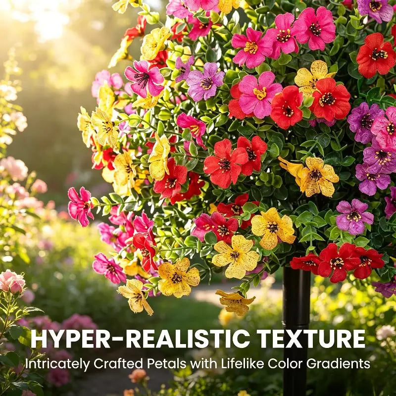 Hyper-realistic texture of brightly colored artificial petunias with lifelike color gradients blooming on a green plant.