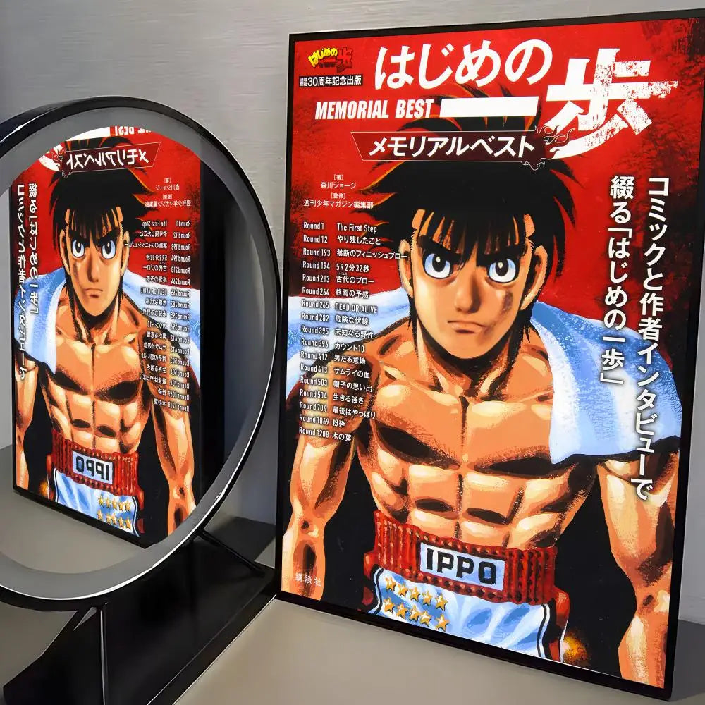 A vertical poster featuring a muscular boxer with spiky hair and intense eyes, titled Hajime no Ippo Memorial Best.