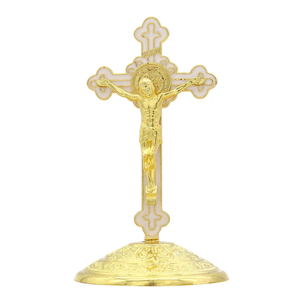 Golden Crucifix Figurine with Enamel Accents