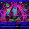 A dark tapestry featuring a wizard with a green beard surrounded by vibrant neon purple and pink light effects.