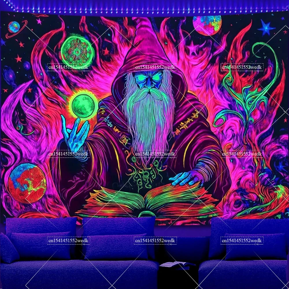 A dark tapestry featuring a wizard with a green beard surrounded by vibrant neon purple and pink light effects.