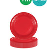 A stack of red paper party tableware including dinner plates, napkins, cups, and cutlery.