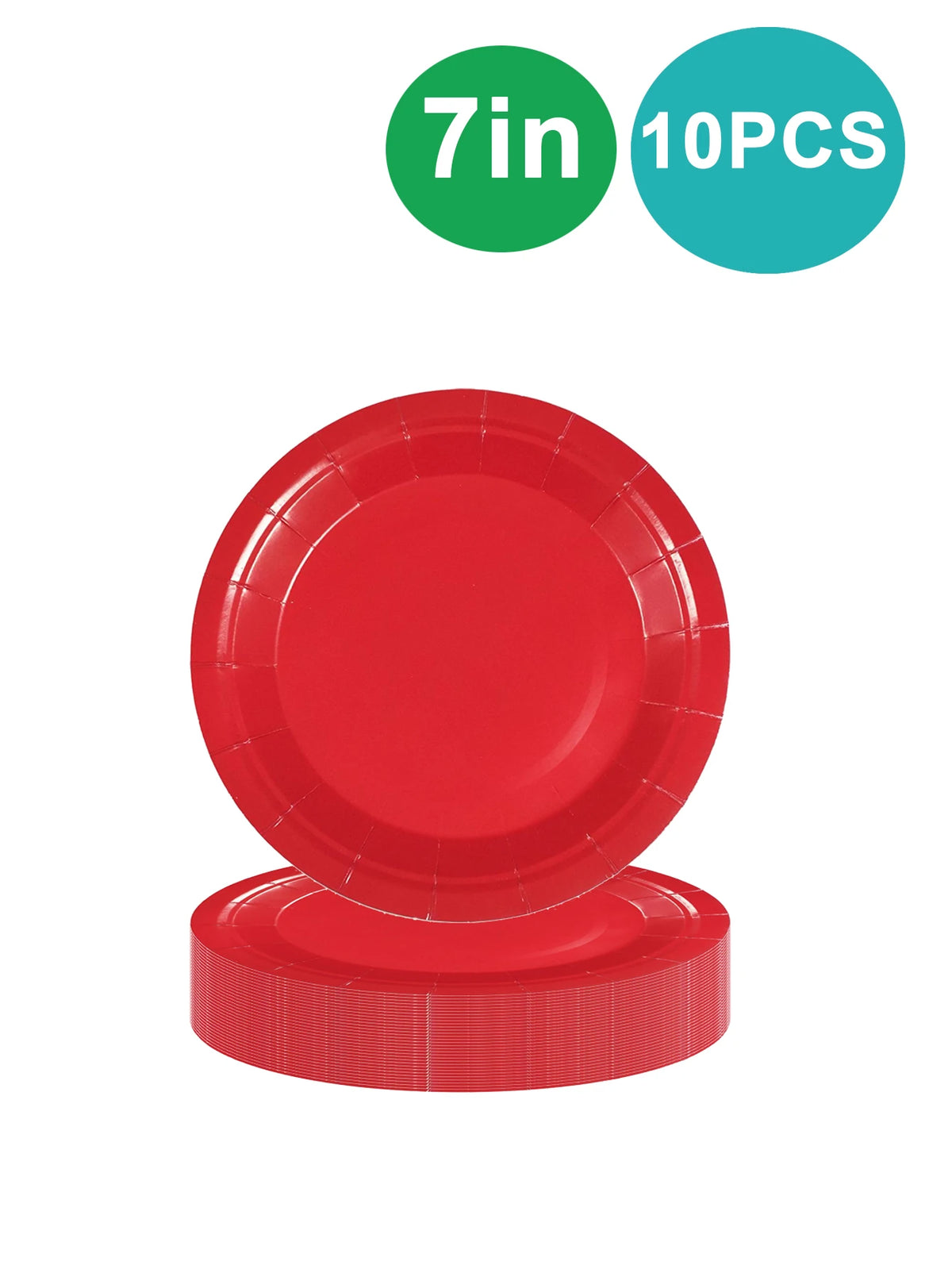 A stack of red paper party tableware including dinner plates, napkins, cups, and cutlery.