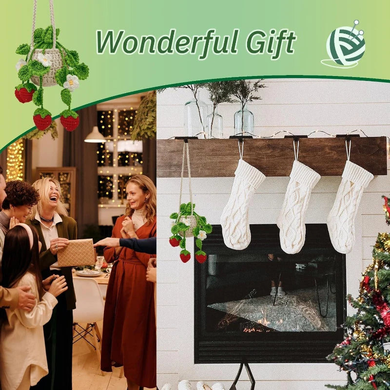 A hand-knitted white plant basket hanging on a wooden rack, displayed in a home setting.