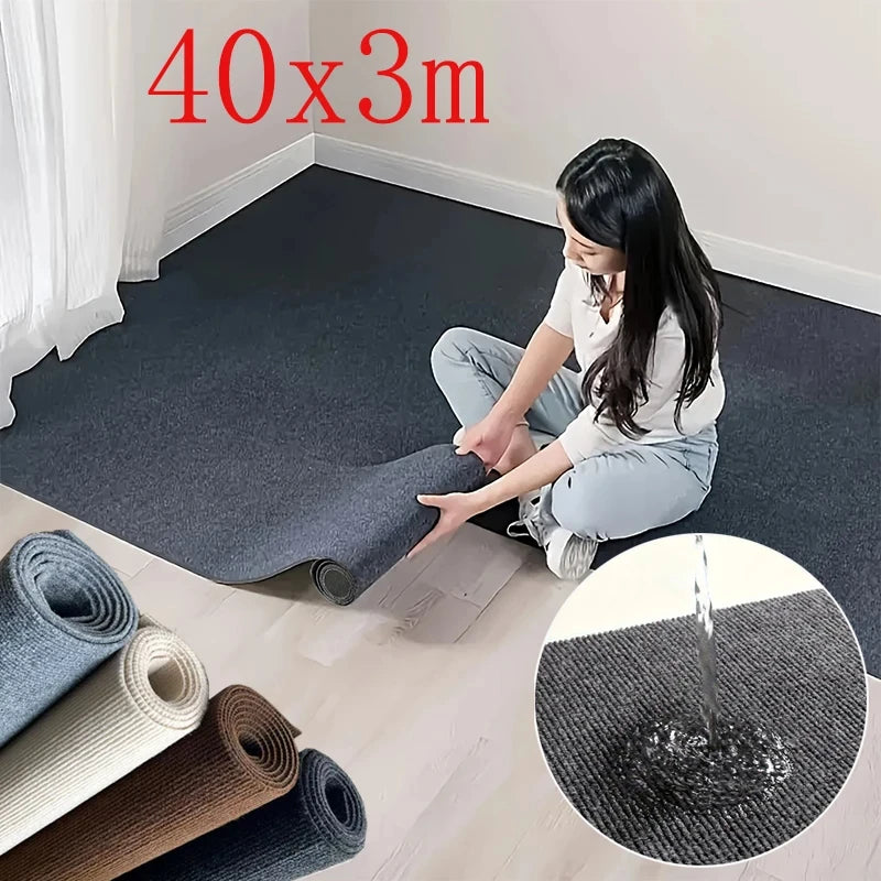 A woman is shown using a self-adhesive solid color runner rug on a light wood floor, with rolled-up rugs nearby.
