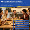 A group of people sharing a meal using affordable peelable plates on a wooden table.