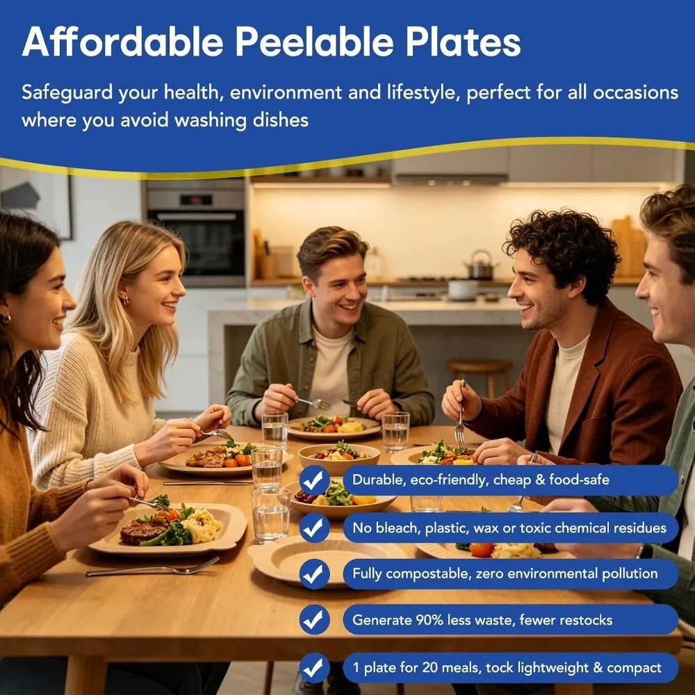 A group of people sharing a meal using affordable peelable plates on a wooden table.
