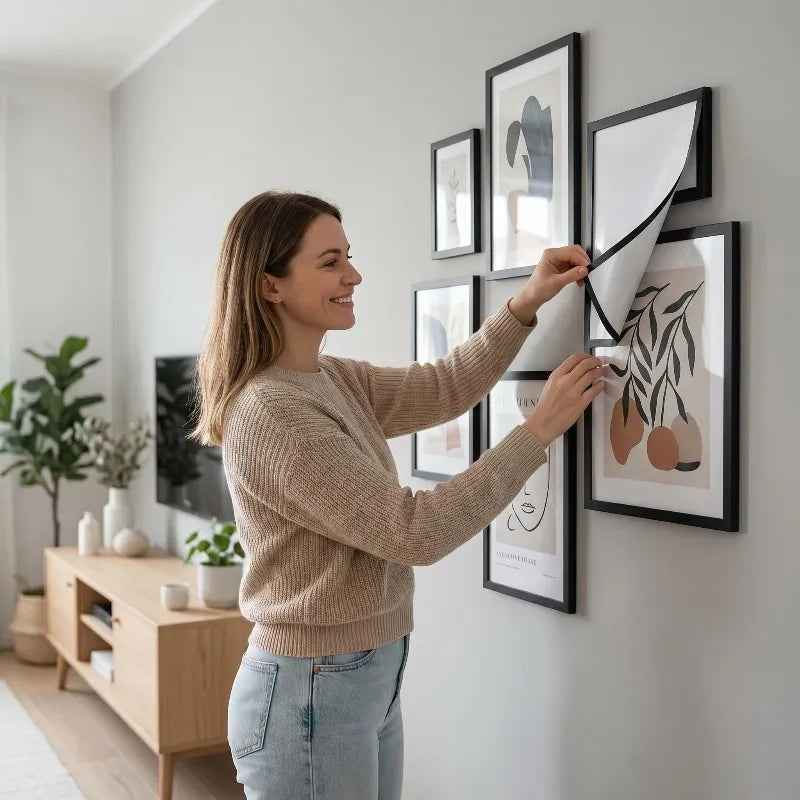 A woman is displaying a set of five black photo frames with white and natural-toned artwork on a white wall.