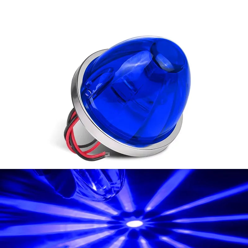 A close-up view of a durable blue LED side marker light assembly.