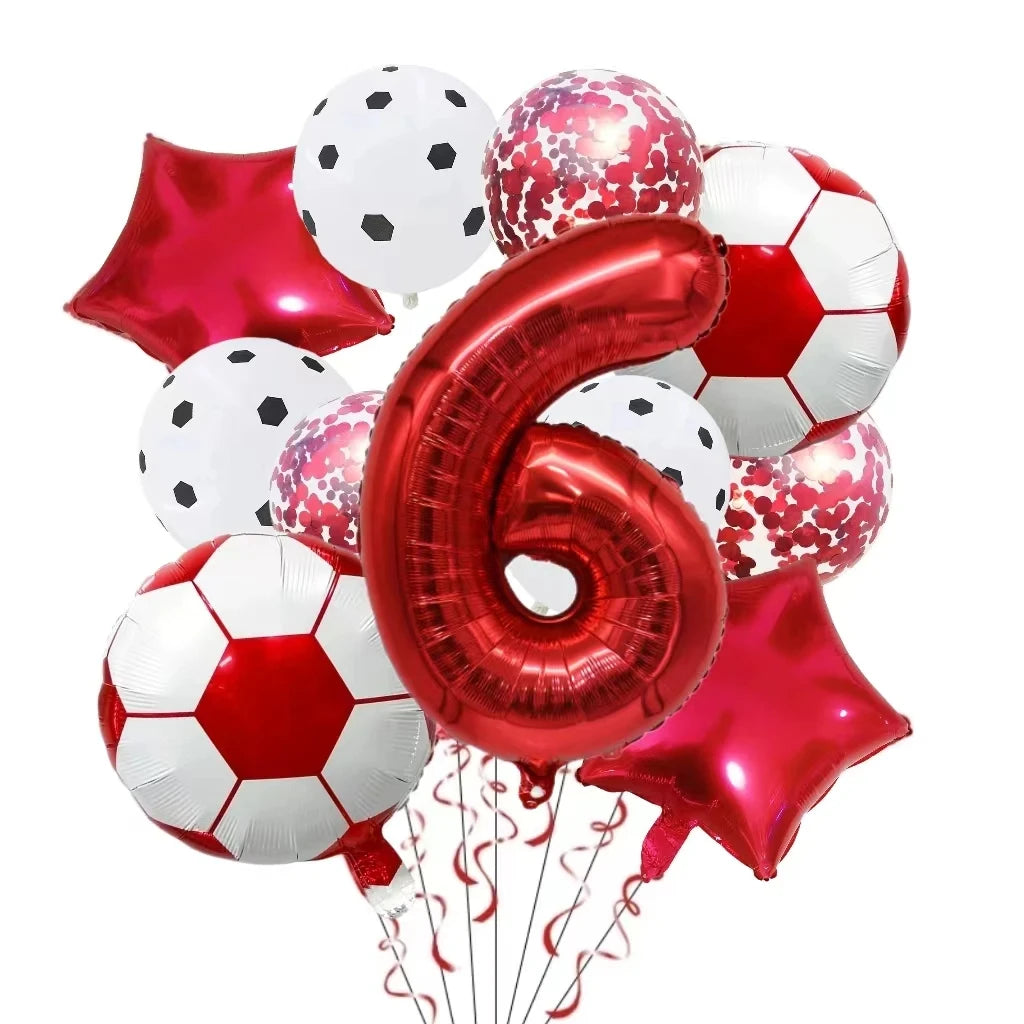 A balloon bouquet featuring red and silver football-shaped foil balloons and a large red number six balloon.