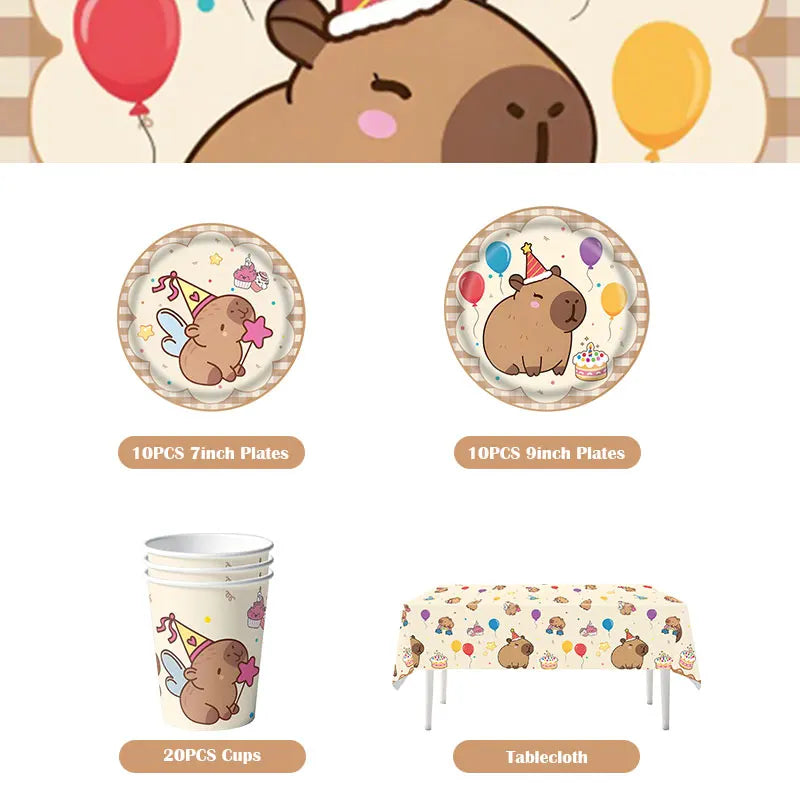 A kit for a happy capybara birthday party featuring 10 plates, 9 inch plates, cups, and a tablecloth.