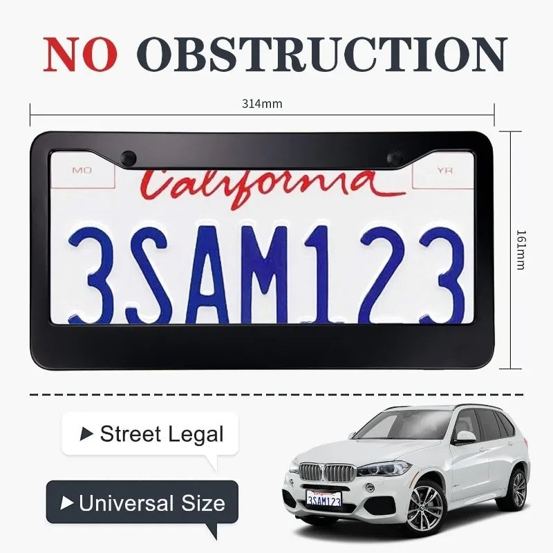 A black license plate frame displaying California plate 3SAM123 with red script, shown next to a white SUV.