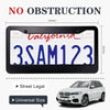 A black license plate frame displaying California plate 3SAM123 with red script, shown next to a white SUV.