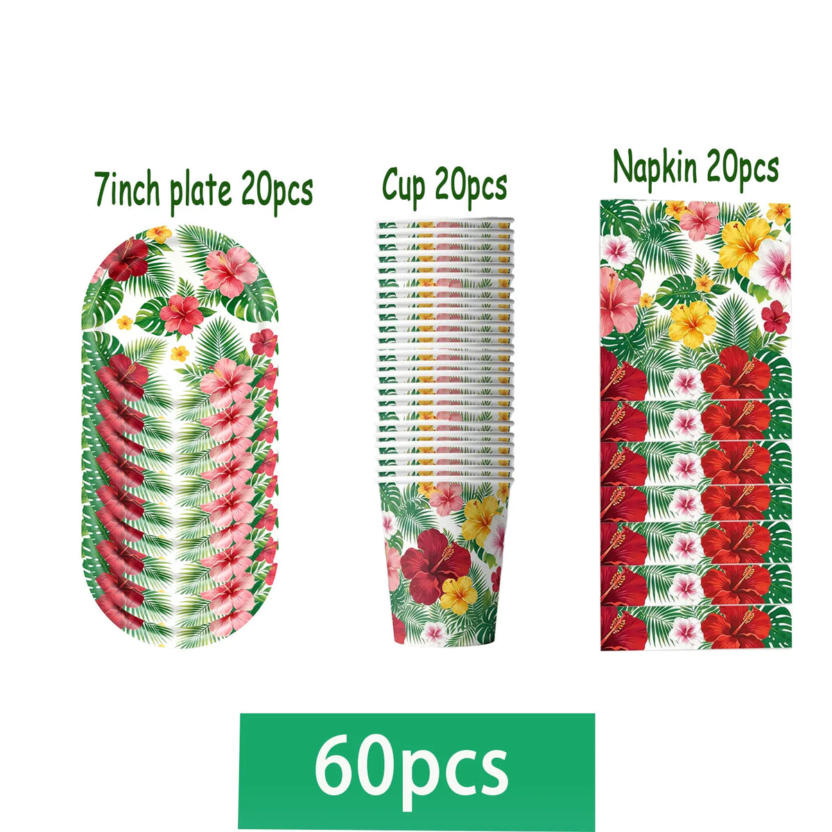 A set of tropical hibiscus tableware including 20 plates, 20 cups, and 20 napkins.