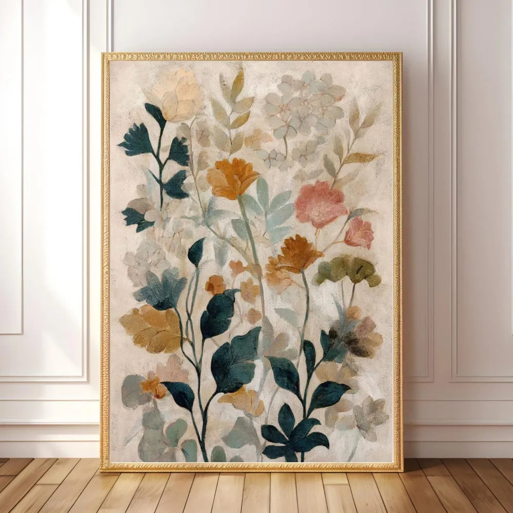 Vertikales Leinwandkunstwerk mit Boho-Blumenmuster in gedämpften Grüntönen, Braun und Rosa.
