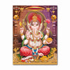 Golden Ganesha canvas art print featuring Lord Ganesha with Shiva and Parvati in a vibrant traditional style.