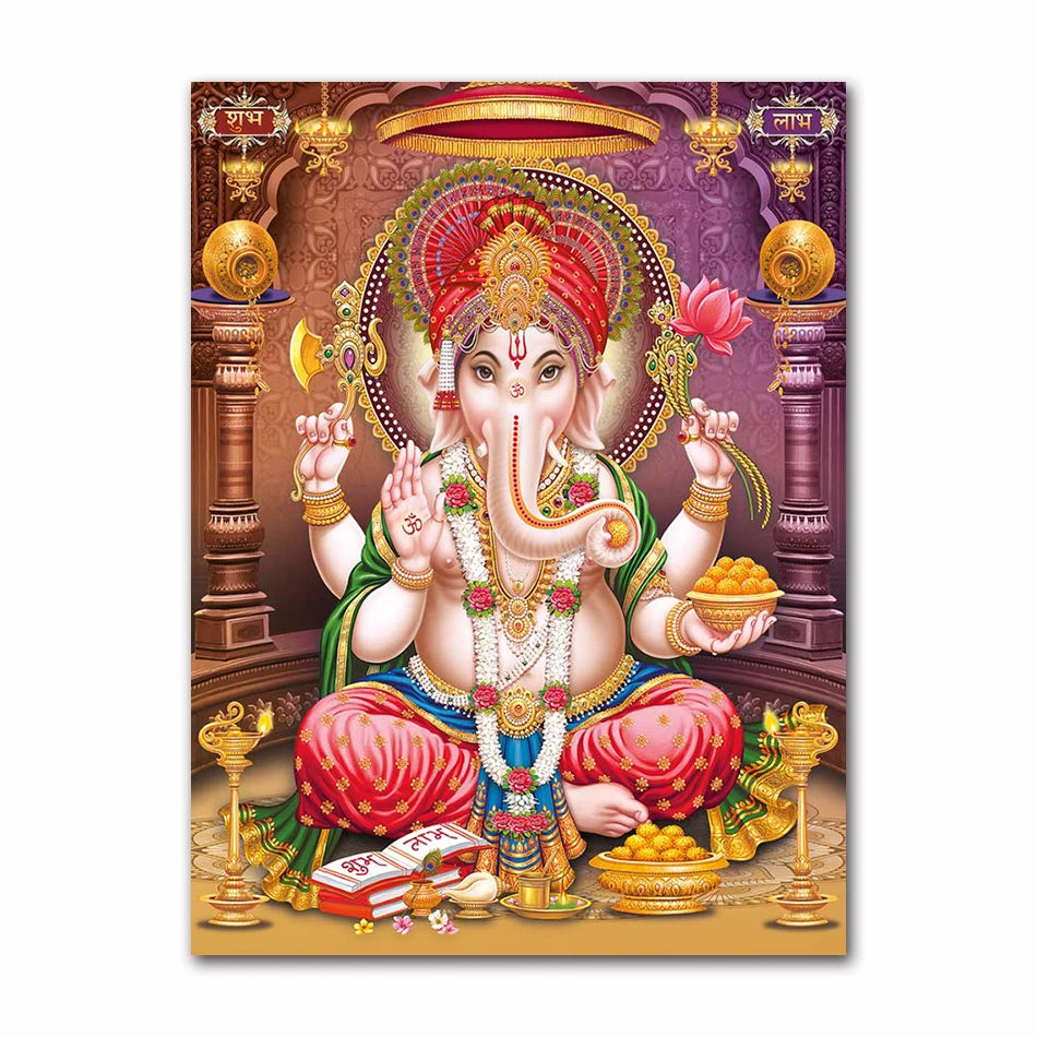 Golden Ganesha canvas art print featuring Lord Ganesha with Shiva and Parvati in a vibrant traditional style.