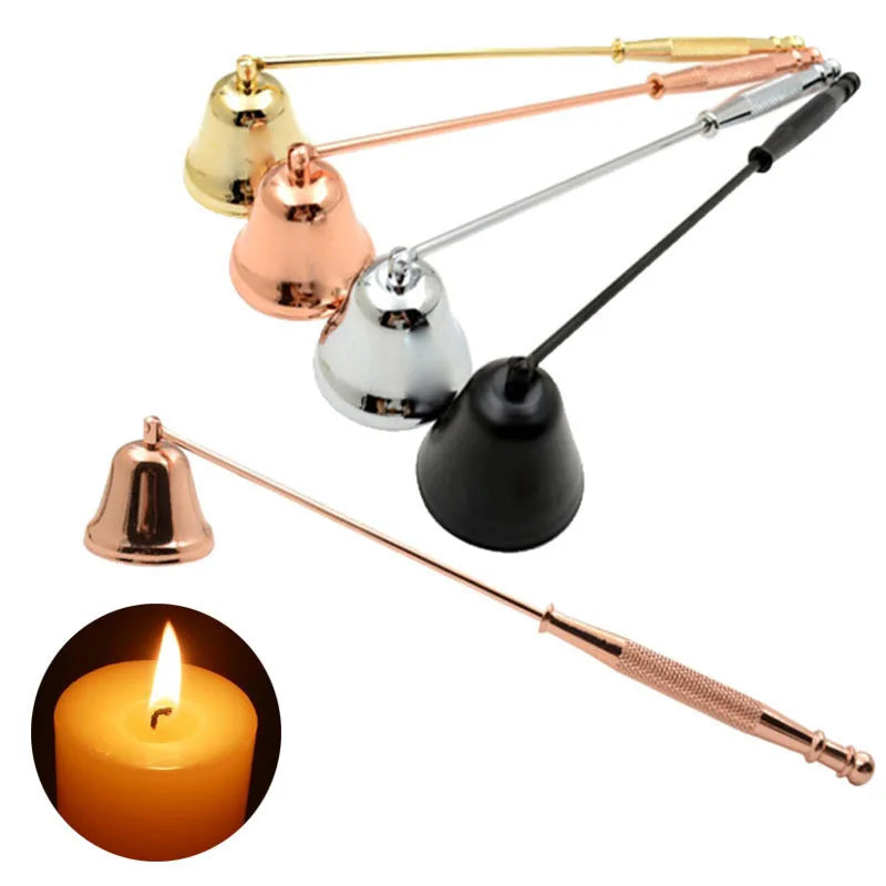 A set of stainless steel candle extinguisher tools with various metal heads and a long rod.