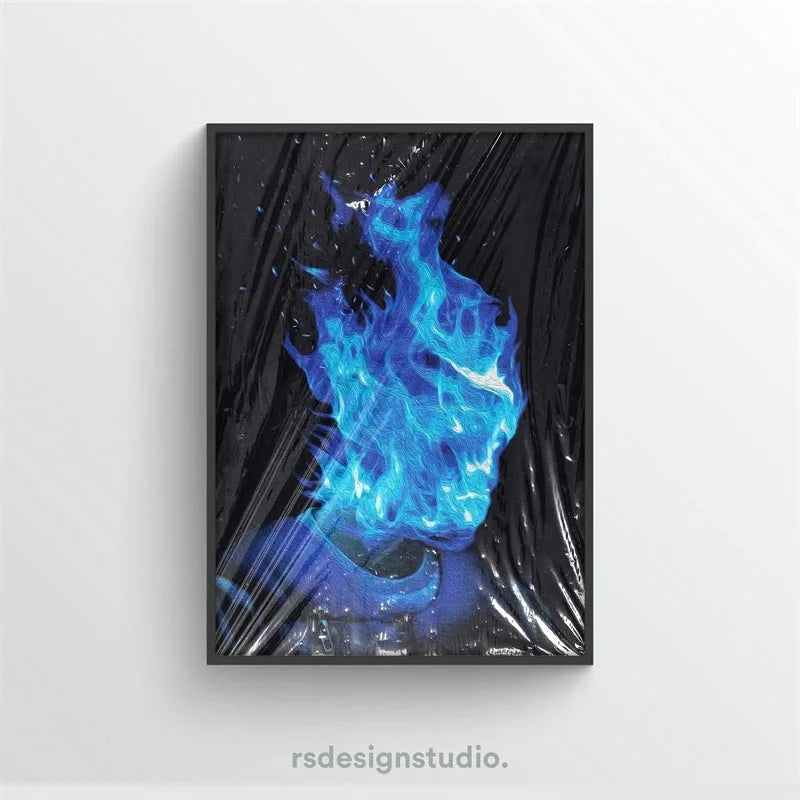 Black canvas wall art featuring a bright blue flame design against a dark background.