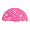 A bright pink hand fan with a pleated design and white polka dots.