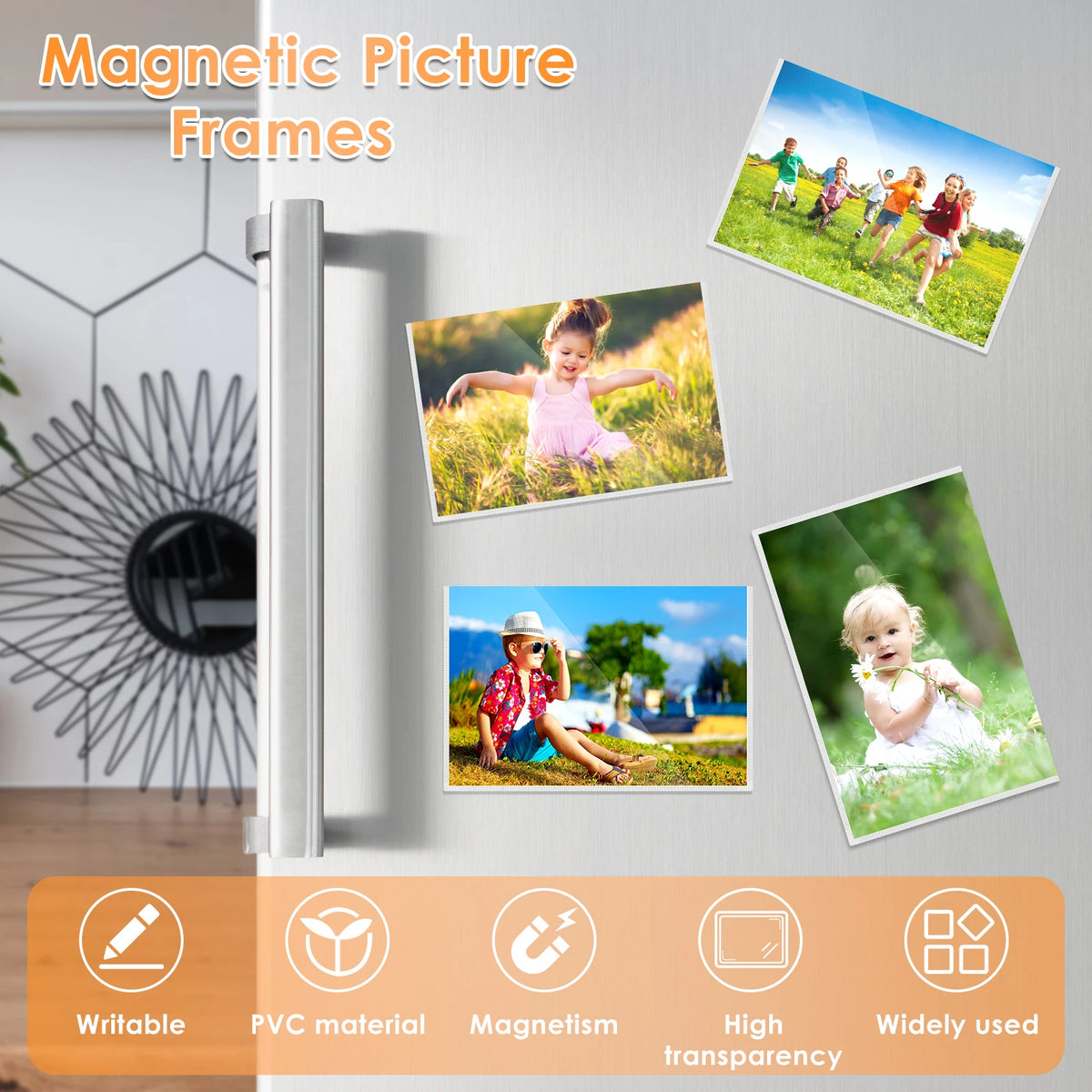 Magnetic picture frames displayed on a wall, showing various photos and frame features.