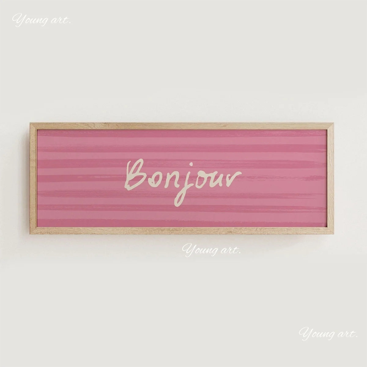 Pink striped canvas print with the word Bonjour written in white script on a light wood frame.