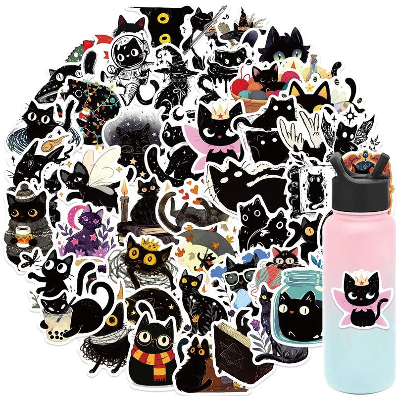 A collection of black star cat PVC stickers for DIY crafts and scrapbooking