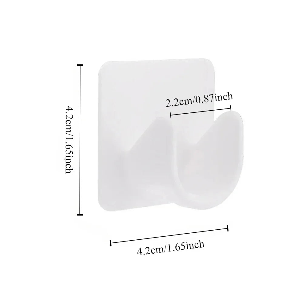 White self-adhesive curtain rod brackets with adjustable clips shown in a flat layout.