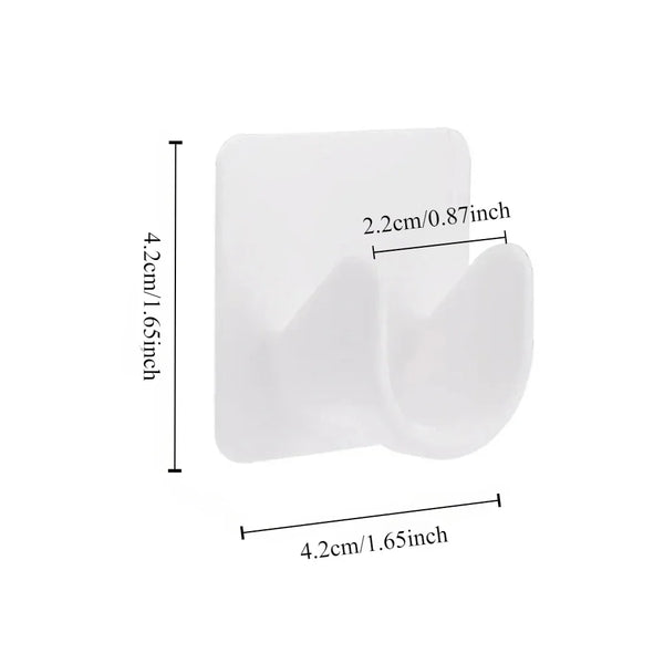 White self-adhesive curtain rod brackets with adjustable clips shown in a flat layout.